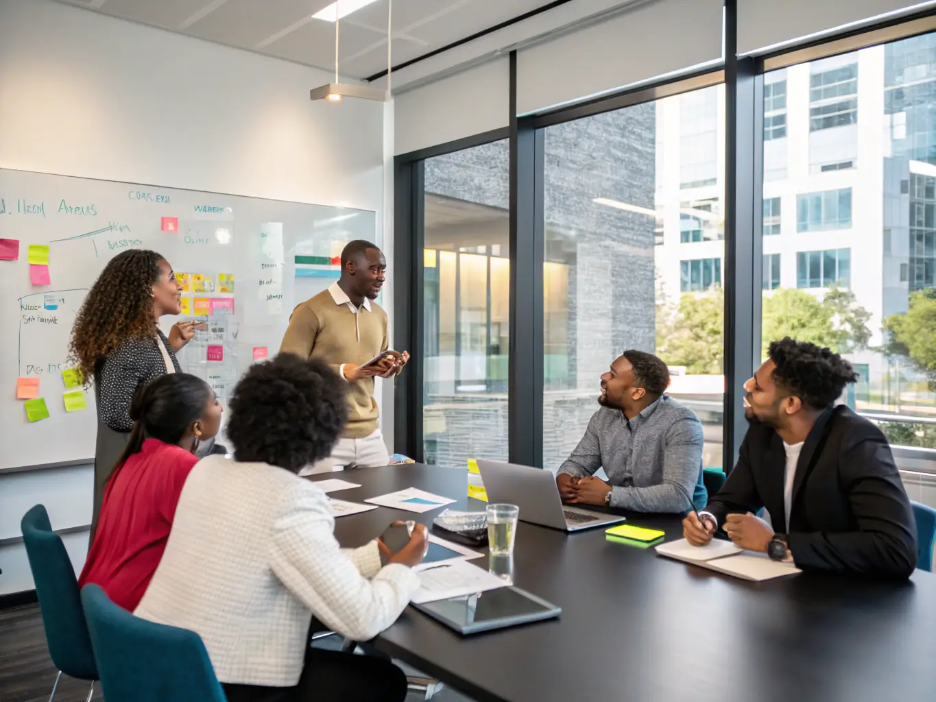 An image showcasing a diverse group of C-level executives collaborating with a startup team in a modern office setting, symbolizing strategic partnership and expert guidance.